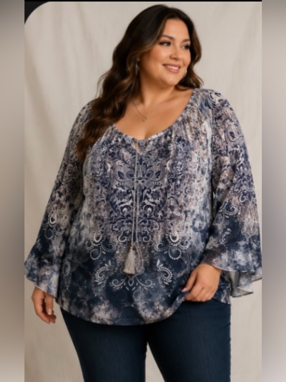Simply Emma Boho Peasant Blouse Blue Damask Paisley Tassel Top Size 3xl
